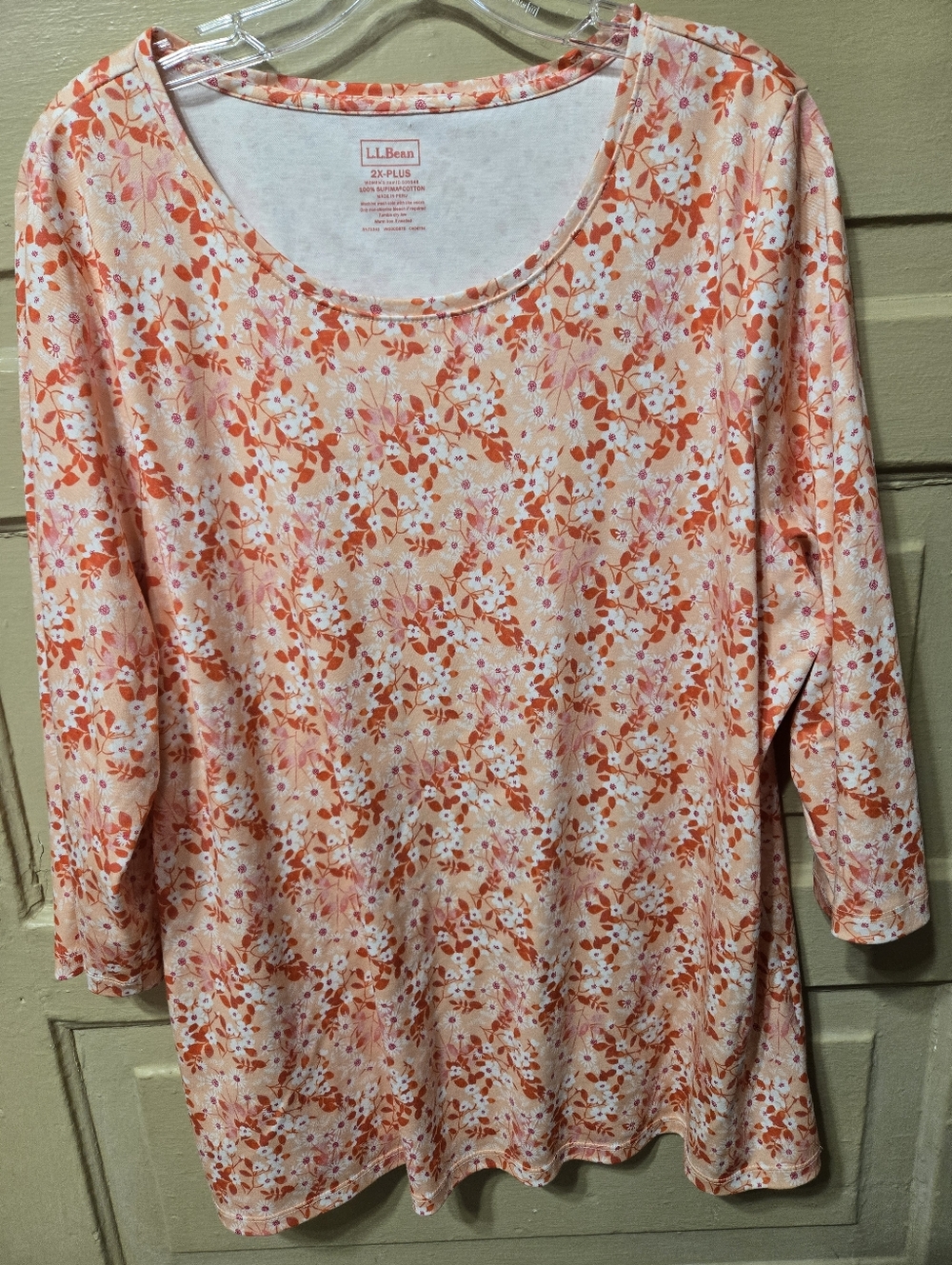 L.L. Bean 100% Supima Cotton Pink Floral Jewelneck 3/4 Sleeve Top EUC